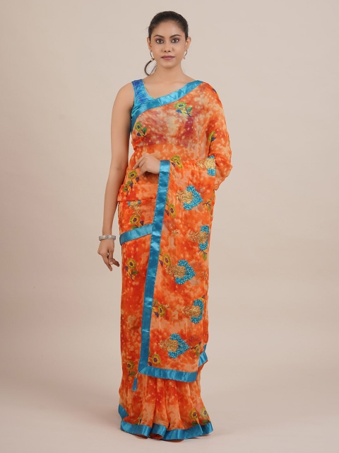 

Pothys Orange & Green Poly Chiffon Printed Saree