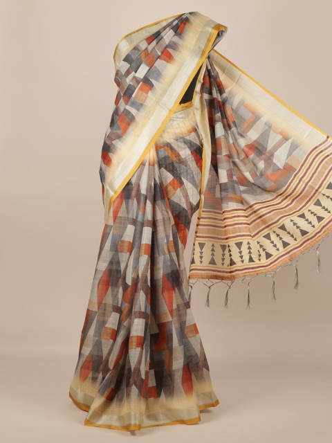 

Pothys Cream-Coloured & Grey Linen Blend Printed Saree