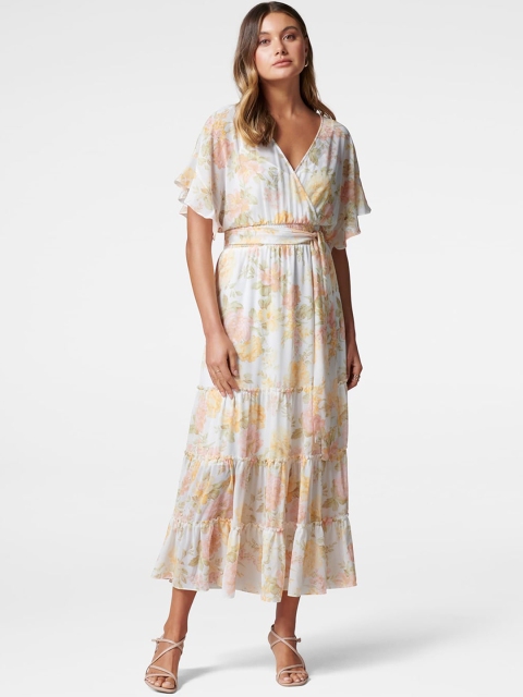 

Forever New Women Off-White & Peach-Coloured Printed Tiered Wrap Dress