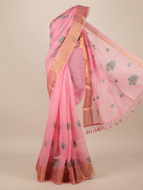 

Pothys Pink Embroidered Jute Silk Saree With Tasseled Pallu