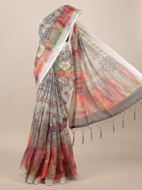 

Pothys Grey & Pink Linen Blend Printed Saree
