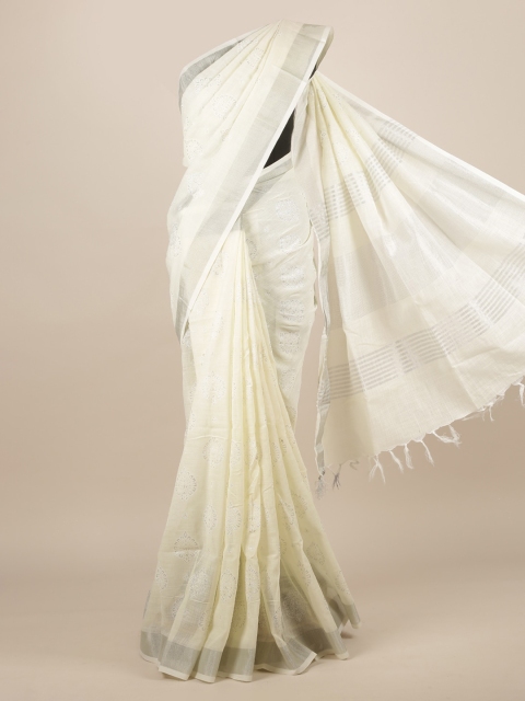 

Pothys White Solid Linen Blend Saree