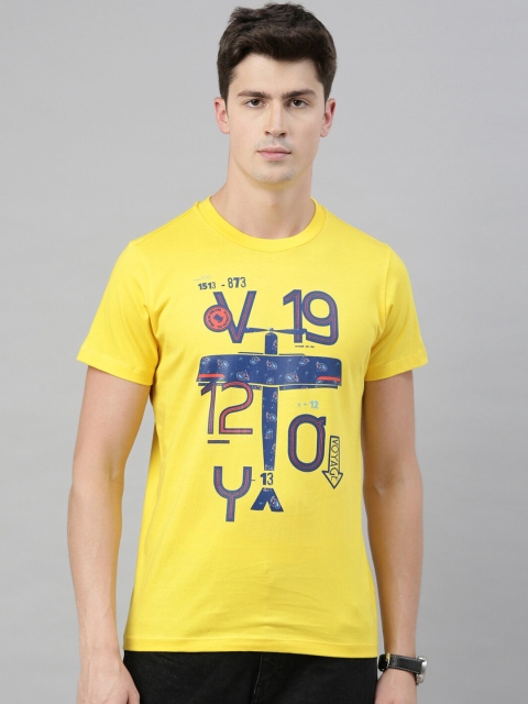 

QUANCIOUS Men Yellow & Navy Blue Typography Print Organic Cotton Round Neck T-shirt