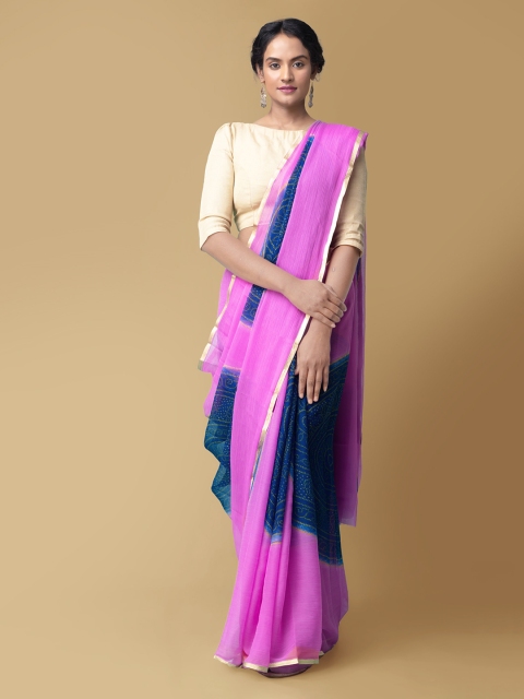 

Unnati Silks Pink & Blue Pure Chiffon Printed Baluchari Saree