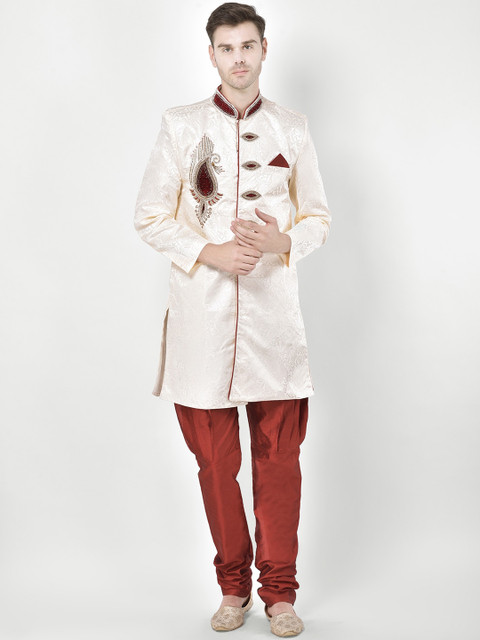 

SG LEMAN Men Beige & Maroon Printed Sherwani Set
