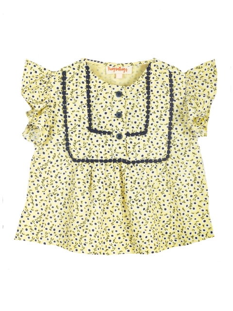 

Hugsntugs Yellow Floral Printed Flutter Sleeves Pure Cotton A-Line Top