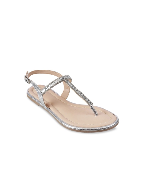 

Mochi Women Silver-Toned Embellished T-Strap Flats