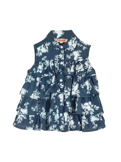 

Hugsntugs Navy Blue & Off White Floral Printed Mandarin Collar Pure Cotton A-Line Top