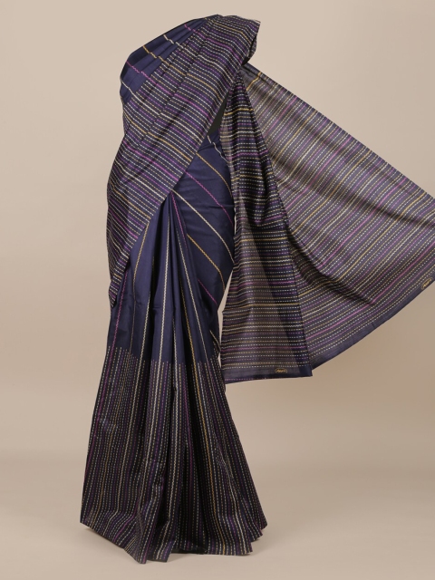 

Pothys Navy Blue & Yellow Jute Silk Striped Saree