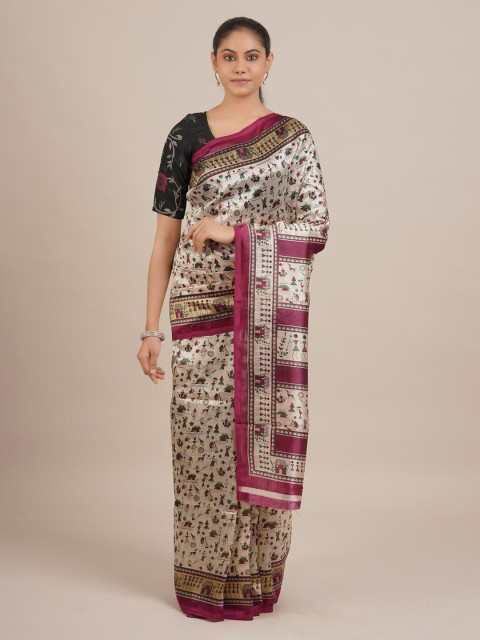 

Pothys Cream-Coloured Printed Jute Silk Saree