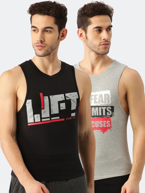 

ROMEO ROSSI Men Pack Of 2 Black Printed Innerwear Gym Vests