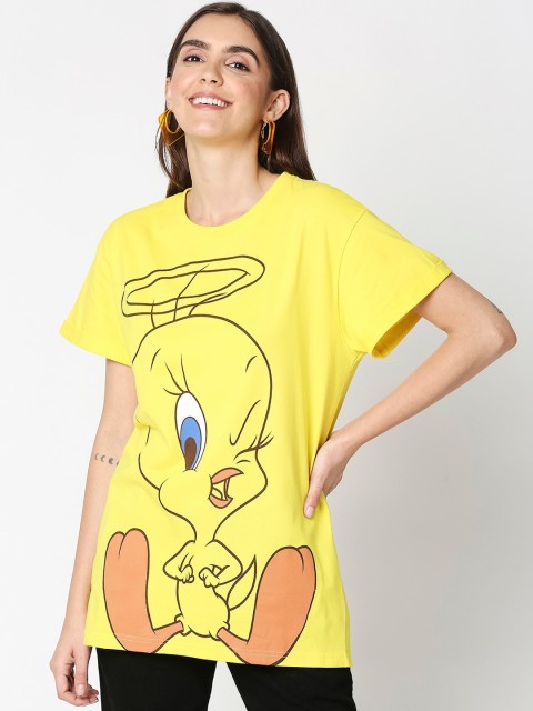 

Bewakoof Women Yellow & Orange Tweety Print Cotton Longline T-shirt