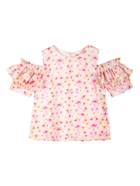 

Hugsntugs Pink Floral Printed Cold-Shoulder Sleeves Pure Cotton Regular Top