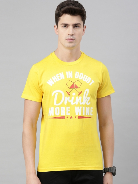 

QUANCIOUS Men Yellow & White Organic Cotton Printed Round Neck T-shirt
