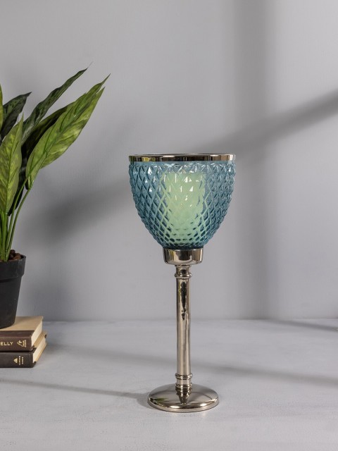 

Pure Home and Living Blue & Silver-Toned Textured Glass Large Nova Hurricane Candle Holder