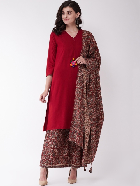 

InWeave Women Maroon Solid Kurta with Printed Palazzos & Dupatta