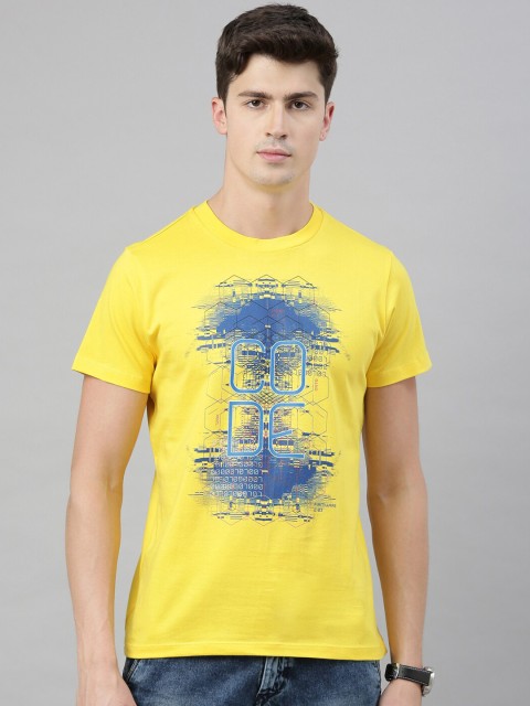 

QUANCIOUS Men Yellow & Navy Blue Graphic Print Organic Cotton Round Neck Sustainable T-shirt