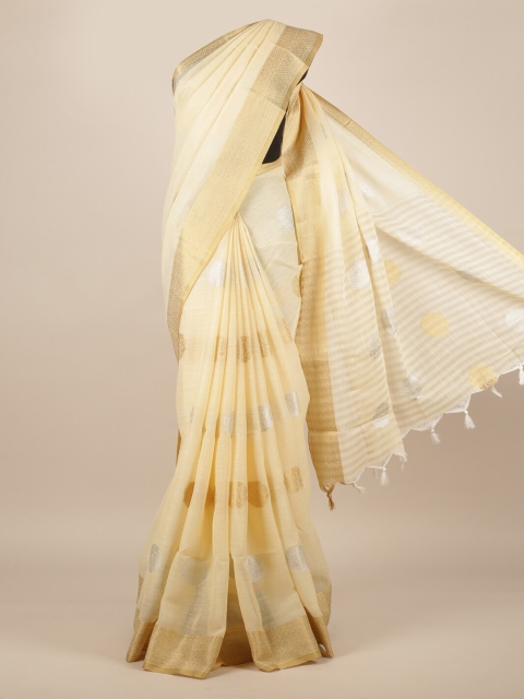 

Pothys Cream-Coloured & Golden Linen Blend Striped Saree