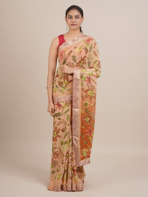 

Pothys Cream-Coloured & Brown Poly Georgette Printed Saree