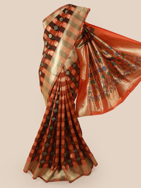 

Pothys Brown & Coral Art Silk Checked Banarasi Saree