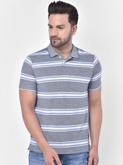 

COBB Men Grey Striped Cotton Polo Collar T-shirt