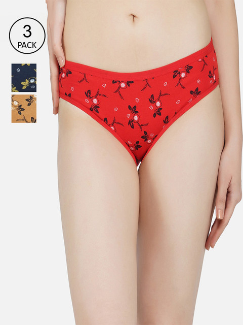 

PHWOAR Women Pack Of 3 Floral Printed Hipster Briefs, Red