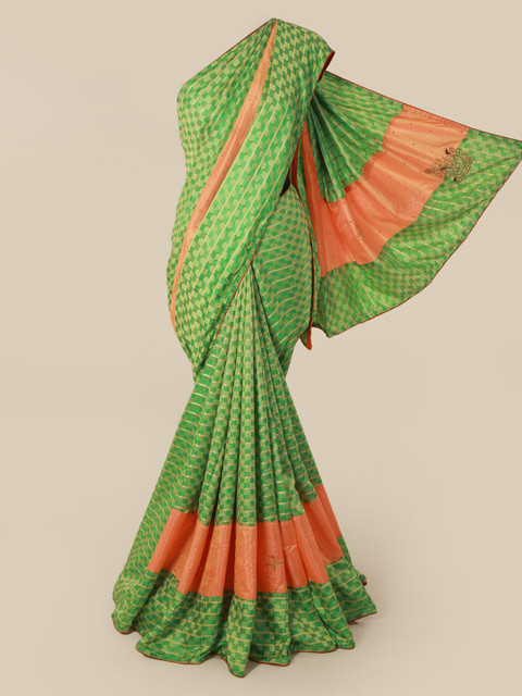 

Pothys Green & Golden Art Silk Checked Saree