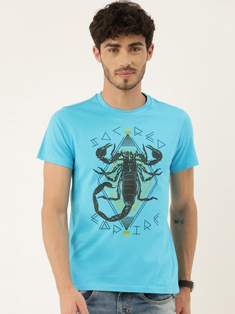 

QUANCIOUS Men Turquoise Blue & Black Organic Cotton Printed Round Neck T-shirt