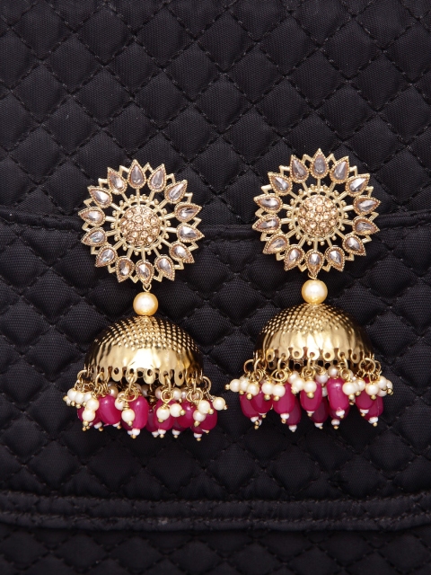 

Shining Diva Pink & Gold-Toned Dome Shaped Jhumkas