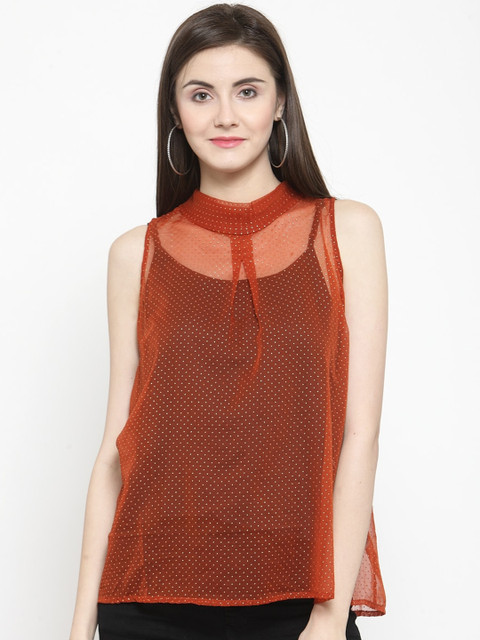 

Purple State Orange & Off White Polka-Dot Print High Neck Sheer Regular Top