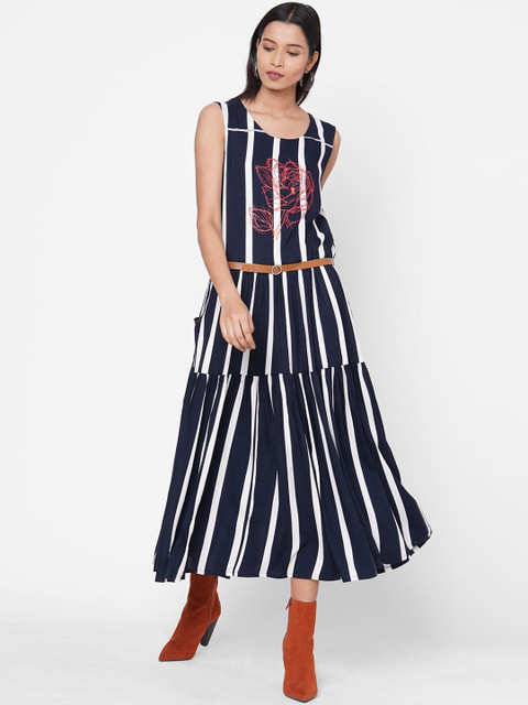 

ZOLA Women Navy Blue Striped Drop-Waist Dress