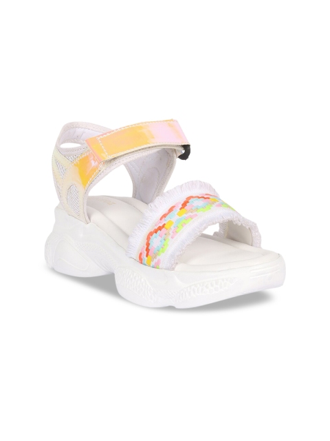 

ZAPATOZ Women White Woven Design Comfort Heels with Fringed Detail