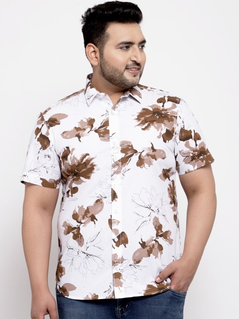 

plusS Men Plus Size White & Brown Cotton Regular Fit Printed Casual Shirt