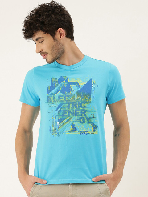 

QUANCIOUS Men Blue Printed Round Neck Sustainable Organic Cotton T-shirt