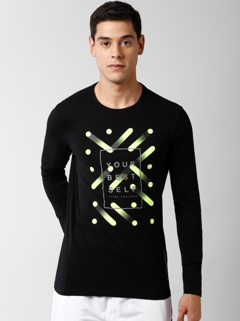 

Peter England Men Black & Yellow Typography Printed Cotton Slim Fit T-shirt