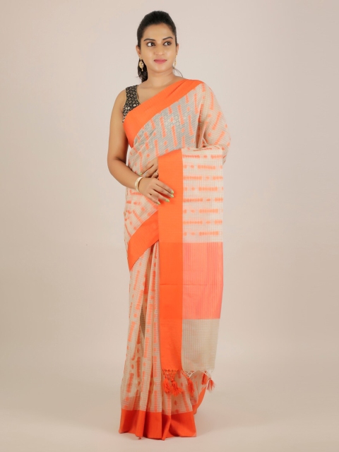 

Pothys Orange & White Cotton Blend Striped Saree