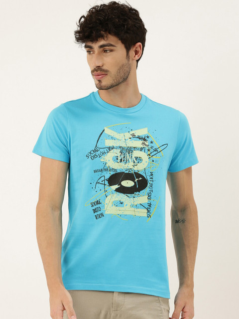 

QUANCIOUS Men Turquoise Blue & Yellow Organic Cotton Printed Round Neck T-shirt