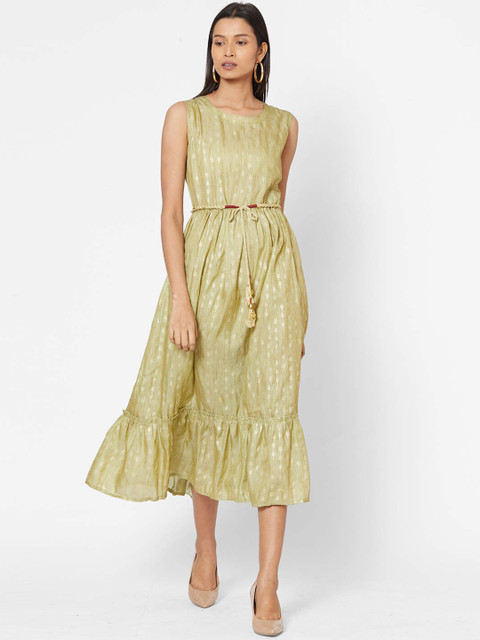 

ZOLA Women Green & Golden Printed A-Line Dress with Belt