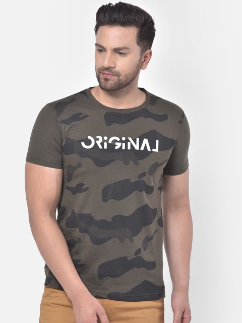 

COBB Men Olive Brown & White Printed Round Neck T-shirt