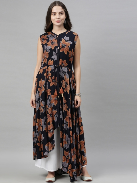 

Neerus Women Navy Blue & Grey Floral Asymmetric A-Line Kurta with Belt