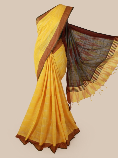 

Pothys Yellow & Brown Linen Blend Solid Saree