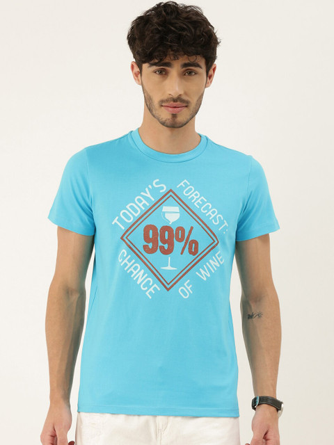 

QUANCIOUS Men Blue & White Typography Print Organic Cotton Round Neck T-shirt