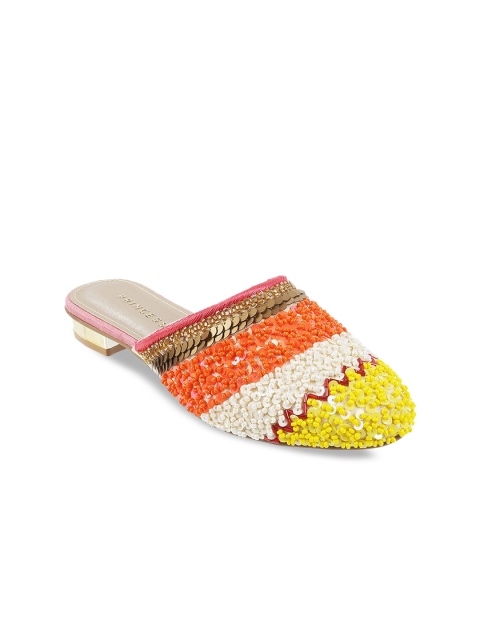 

Metro Women Orange & Off-White Embellished & Colourblocked Mules