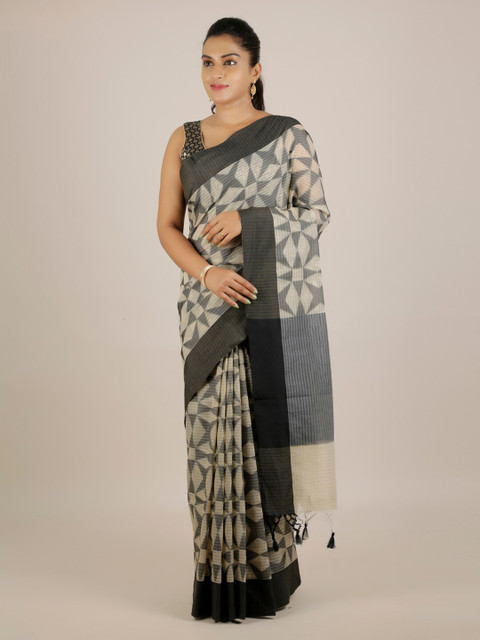 

Pothys Grey Printed Cotton Blend Saree With Tasseled Pallu