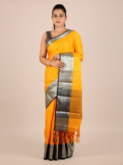 

Pothys Yellow & Silver-Coloured Cotton Blend Woven Design Saree