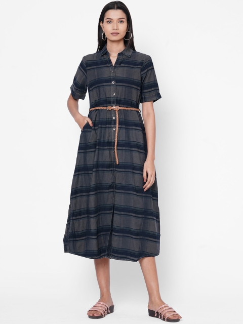 

ZOLA Women Navy Blue Striped Shirt Dress