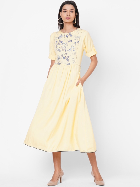 

ZOLA Women Yellow Embroidered Fit and Flare Hand Embroidered Cotton