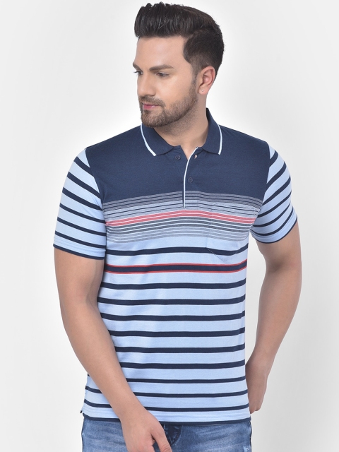 

COBB Men Blue Cotton Striped Polo Collar T-shirt