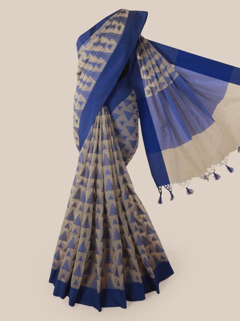 

Pothys Cream-Coloured & Blue Supernet Woven Design Saree