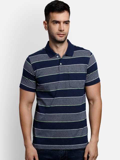 

COBB Men Navy Blue Striped Polo Collar Cotton T-shirt